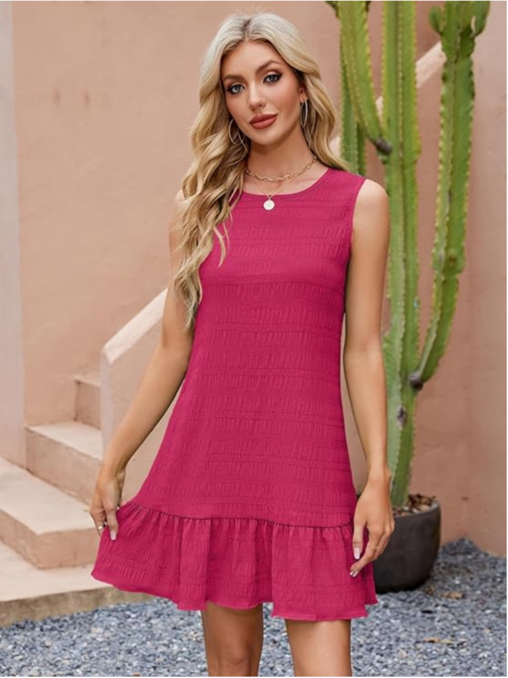 SofiaHur Women’s Hot Pink Sleeveless Ruffle Hem Dress Size L
